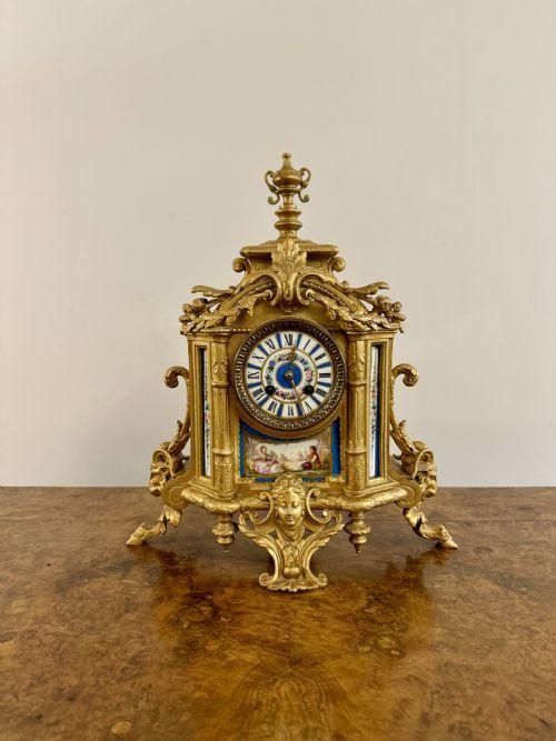 ELEGANT QUALITY FRENCH 19TH CENTURY GILT METAL AND PORCELAIN MANTLE CLOCK