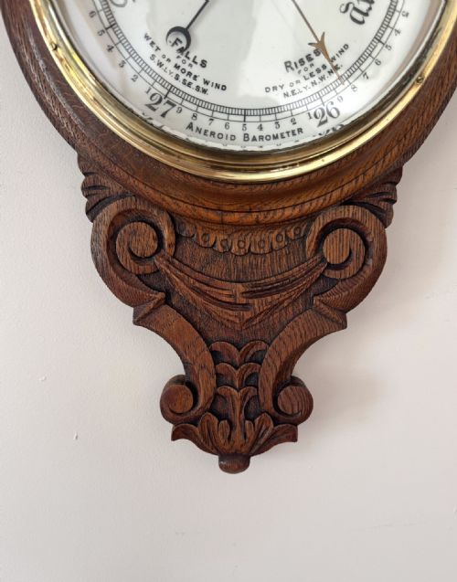 QUALITY ANTIQUE EDWARDIAN CARVED OAK ANEROID BAROMETER - ADDITIONAL PHOTO 6