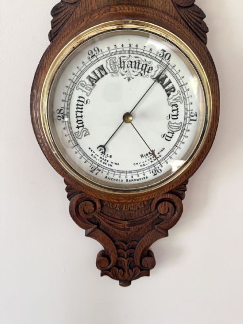 QUALITY ANTIQUE EDWARDIAN CARVED OAK ANEROID BAROMETER - ADDITIONAL PHOTO 1