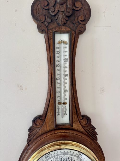 QUALITY ANTIQUE EDWARDIAN CARVED OAK ANEROID BAROMETER - ADDITIONAL PHOTO 2