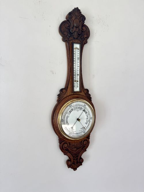 QUALITY ANTIQUE EDWARDIAN CARVED OAK ANEROID BAROMETER - ADDITIONAL PHOTO 3
