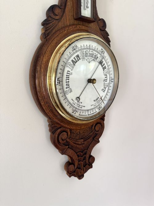 QUALITY ANTIQUE EDWARDIAN CARVED OAK ANEROID BAROMETER - ADDITIONAL PHOTO 4