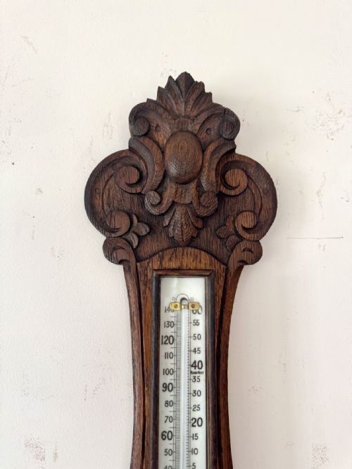 QUALITY ANTIQUE EDWARDIAN CARVED OAK ANEROID BAROMETER - ADDITIONAL PHOTO 5
