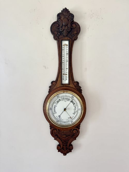 QUALITY ANTIQUE EDWARDIAN CARVED OAK ANEROID BAROMETER - ADDITIONAL PHOTO 7