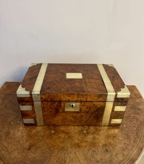 QUALITY ANTIQUE VICTORIAN BURR WALNUT BRASS BOUNDED WRITING BOX - ADDITIONAL PHOTO 1