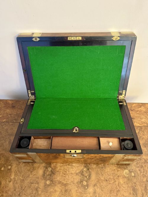 QUALITY ANTIQUE VICTORIAN BURR WALNUT BRASS BOUNDED WRITING BOX - ADDITIONAL PHOTO 6