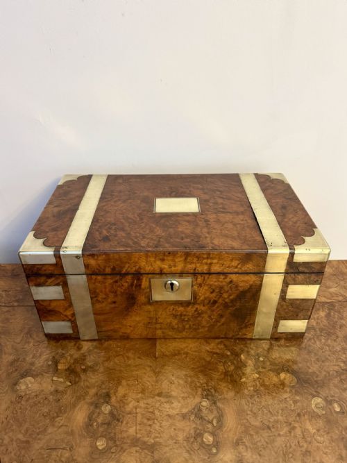 QUALITY ANTIQUE VICTORIAN BURR WALNUT BRASS BOUNDED WRITING BOX - ADDITIONAL PHOTO 9