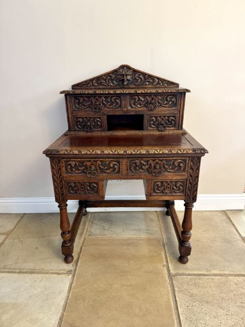 FINE QUALITY ANTIQUE VICTORIAN CARVED OAK WRITING DESK - ADDITIONAL PHOTO 6