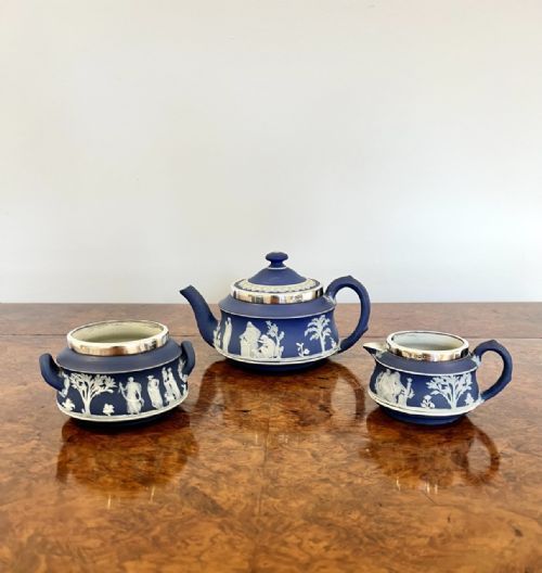 QUALITY ANTIQUE VICTORIAN SILVER MOUNTED THREE PIECE JASPERWARE WEDGWOOD TEA SET