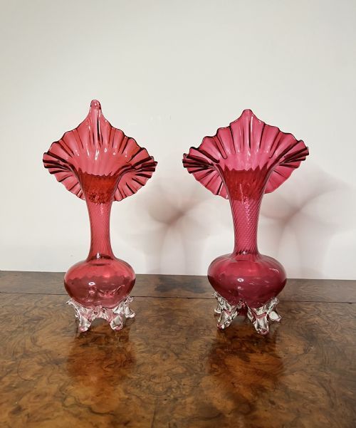 QUALITY PAIR OF ANTIQUE VICTORIAN CRANBERRY GLASS JACK IN THE PULPIT VASES