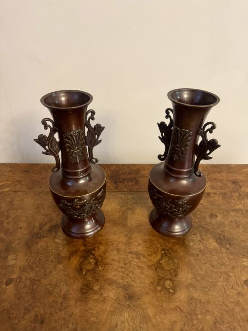QUALITY PAIR OF ANTIQUE JAPANESE TWIN HANDLE BRONZE VASES - ADDITIONAL PHOTO 4