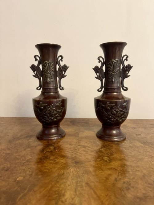 QUALITY PAIR OF ANTIQUE JAPANESE TWIN HANDLE BRONZE VASES - ADDITIONAL PHOTO 3