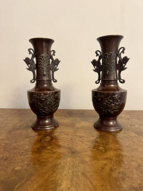 QUALITY PAIR OF ANTIQUE JAPANESE TWIN HANDLE BRONZE VASES