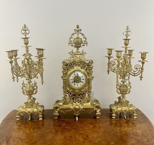 STUNNING QUALITY FRENCH ANTIQUE VICTORIAN ORNATE BRASS CLOCK GARNITURE