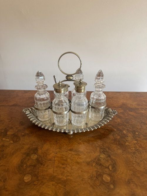 BEAUTIFUL QUALITY ANTIQUE EDWARDIAN SILVER PLATED SIX BOTTLE CRUET SET