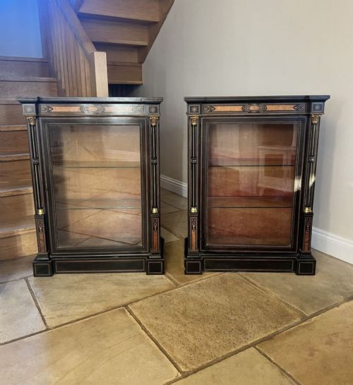 PAIR OF ANTIQUE VICTORIAN QUALITY EBONISED AND AMBOYNA INLAID SIDE CABINETS - ADDITIONAL PHOTO 9