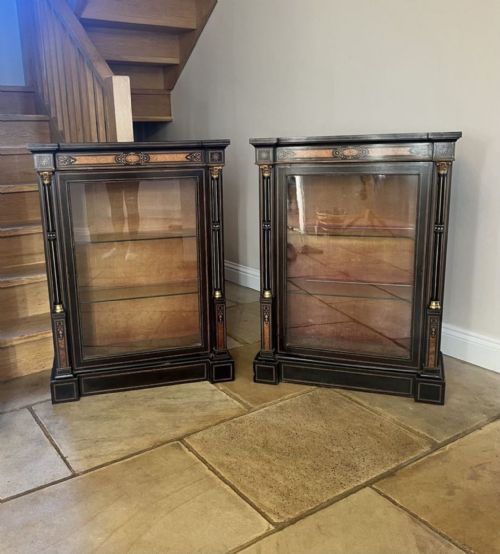 PAIR OF ANTIQUE VICTORIAN QUALITY EBONISED AND AMBOYNA INLAID SIDE CABINETS