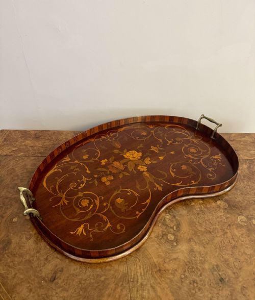 FANTASTIC QUALITY ANTIQUE EDWARDIAN MARQUETRY INLAID KIDNEY SHAPED TRAY