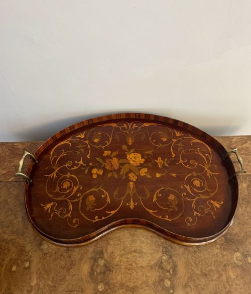 FANTASTIC QUALITY ANTIQUE EDWARDIAN MARQUETRY INLAID KIDNEY SHAPED TRAY - ADDITIONAL PHOTO 4