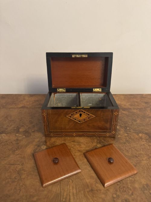 QUALITY ANTIQUE 19TH CENTURY WALNUT TEA CADDY WITH TUNBRIDGE INLAY - ADDITIONAL PHOTO 7