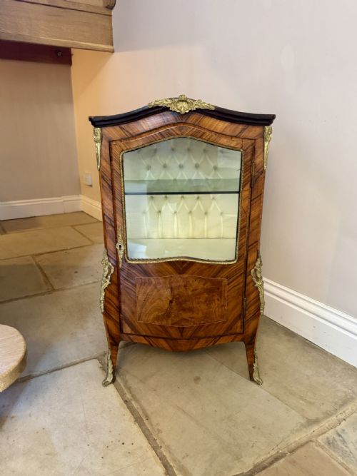ANTIQUE PETITE FRENCH WALNUT AND KINGWOOD DISPLAY CABINET