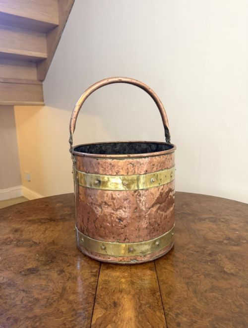 Quality Antique Victorian Copper and Brass Banded Coal Bucket