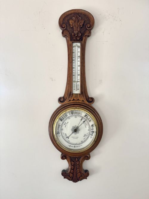 Quality Antique Edwardian Carved Oak Aneroid Barometer by Hyde & Sons Sleaford