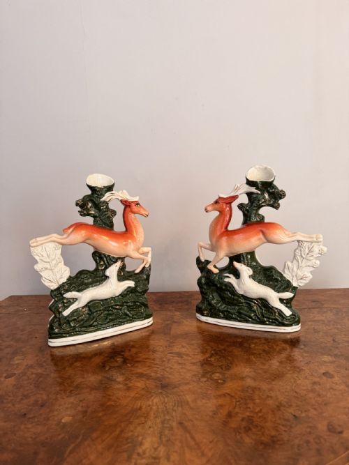 Large Pair of Antique 19th Century Staffordshire Deer Spill Vases