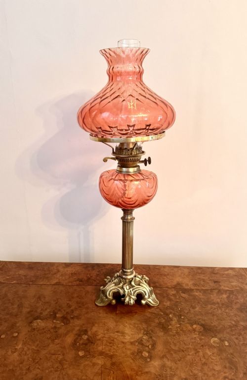 Fine Quality Antique Edwardian Cranberry Glass and Brass Oil Lamp