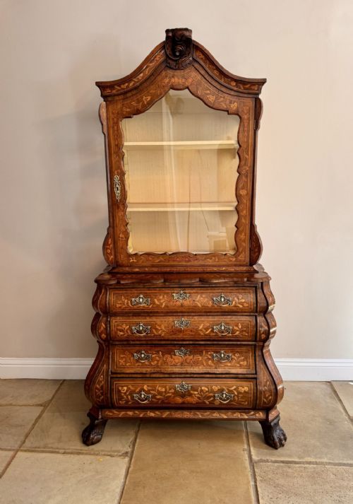 Outstanding Quality 18th Century Dutch Walnut Marquetry Inlaid Display Cabinet on Bombe Chest