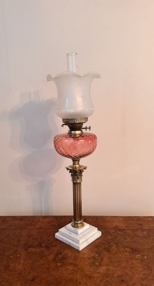 Pretty Antique 19th Century Marble, Brass and Cranberry Glass Oil Lamp