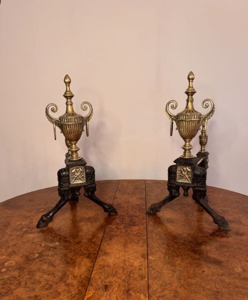 Fine quality pair of antique Victorian brass and iron fire dogs