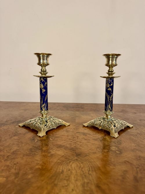Unusual Quality Pair of Antique Victorian Brass and Porcelain Candlesticks