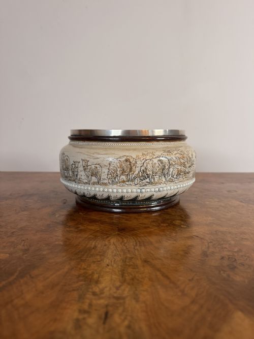 Outstanding Quality Antique Royal Doulton Stoneware Silver Rimmed Bowl by Hannah Barlow