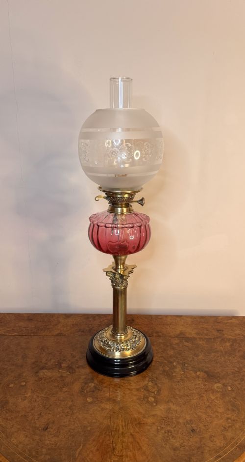 Wonderful Quality Antique Victorian Cranberry Glass & Brass Oil Lamp