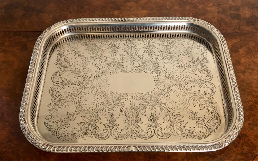 Large antique Edwardian engraved silver plated tea tray  View II