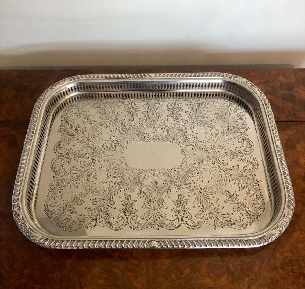 Large antique Edwardian engraved silver plated tea tray  View III