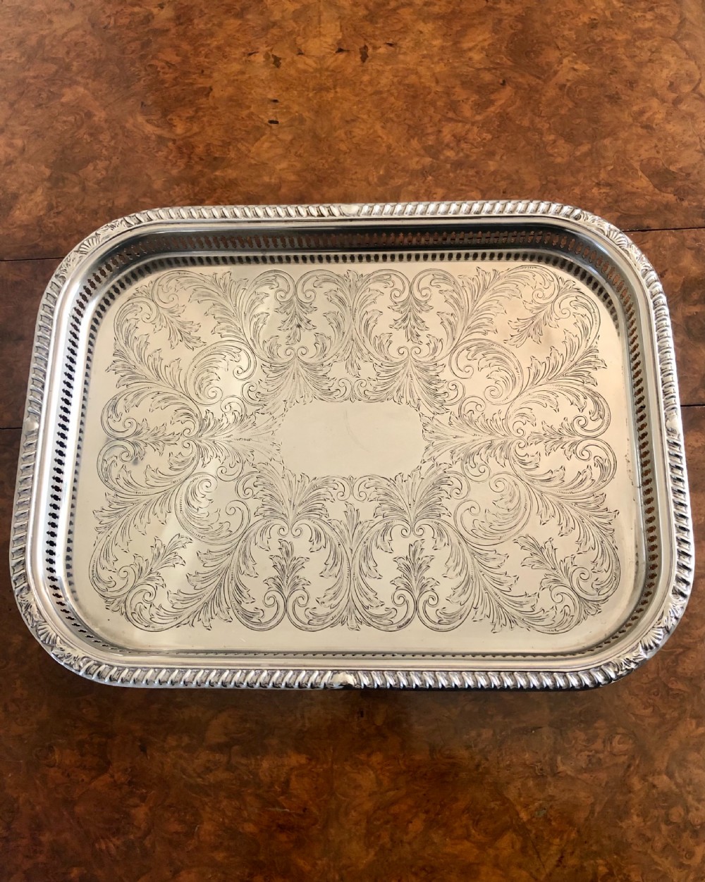 Large antique Edwardian engraved silver plated tea tray  View IV