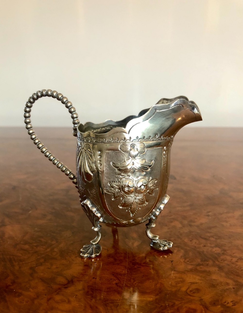 Antique Edwardian ornate quality silver painted cream jug  View II