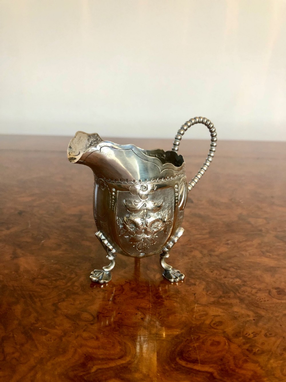 Antique Edwardian ornate quality silver painted cream jug  View III