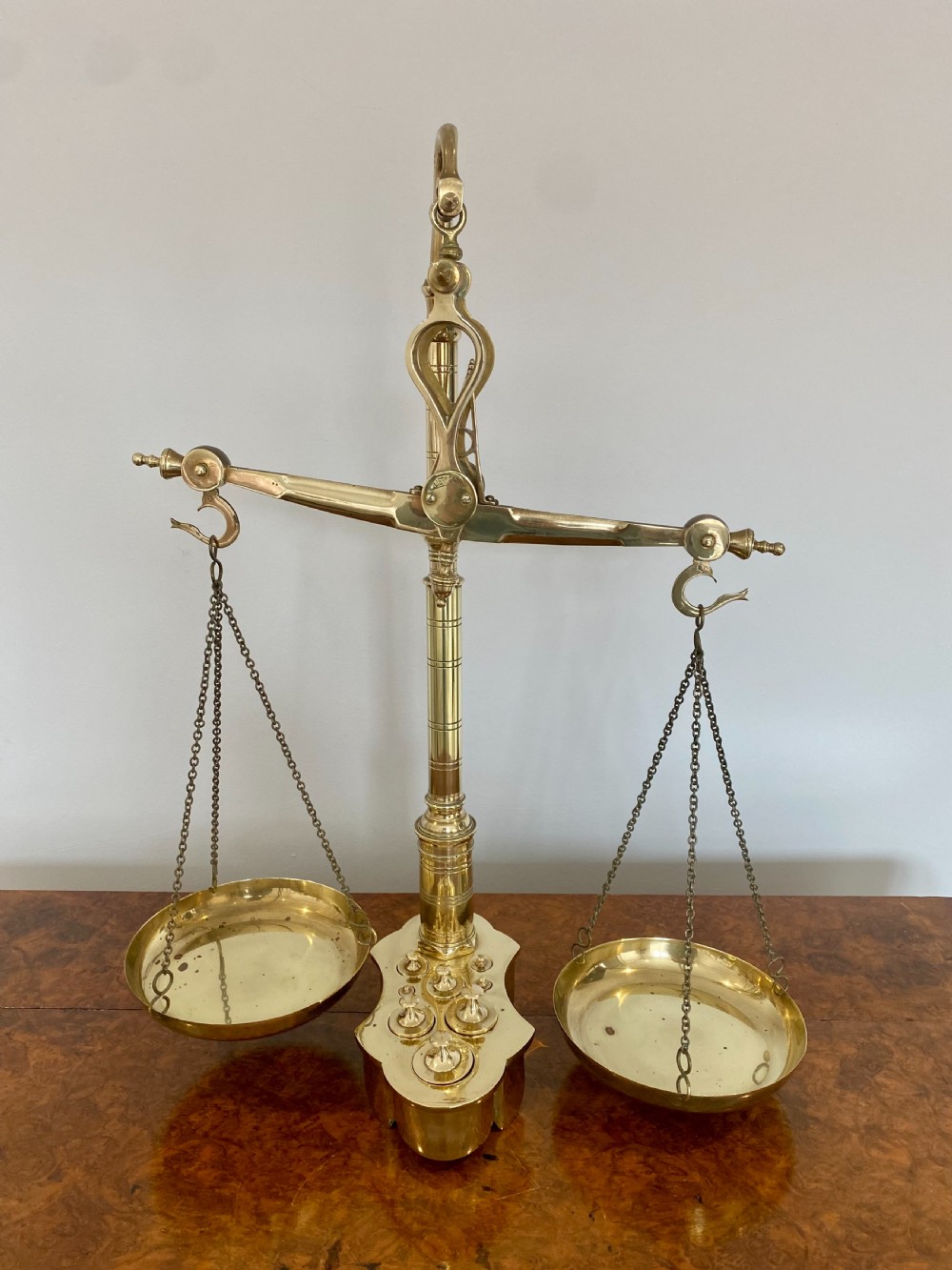 Pair Of Antique Victorian Brass Scales & Weights  View III