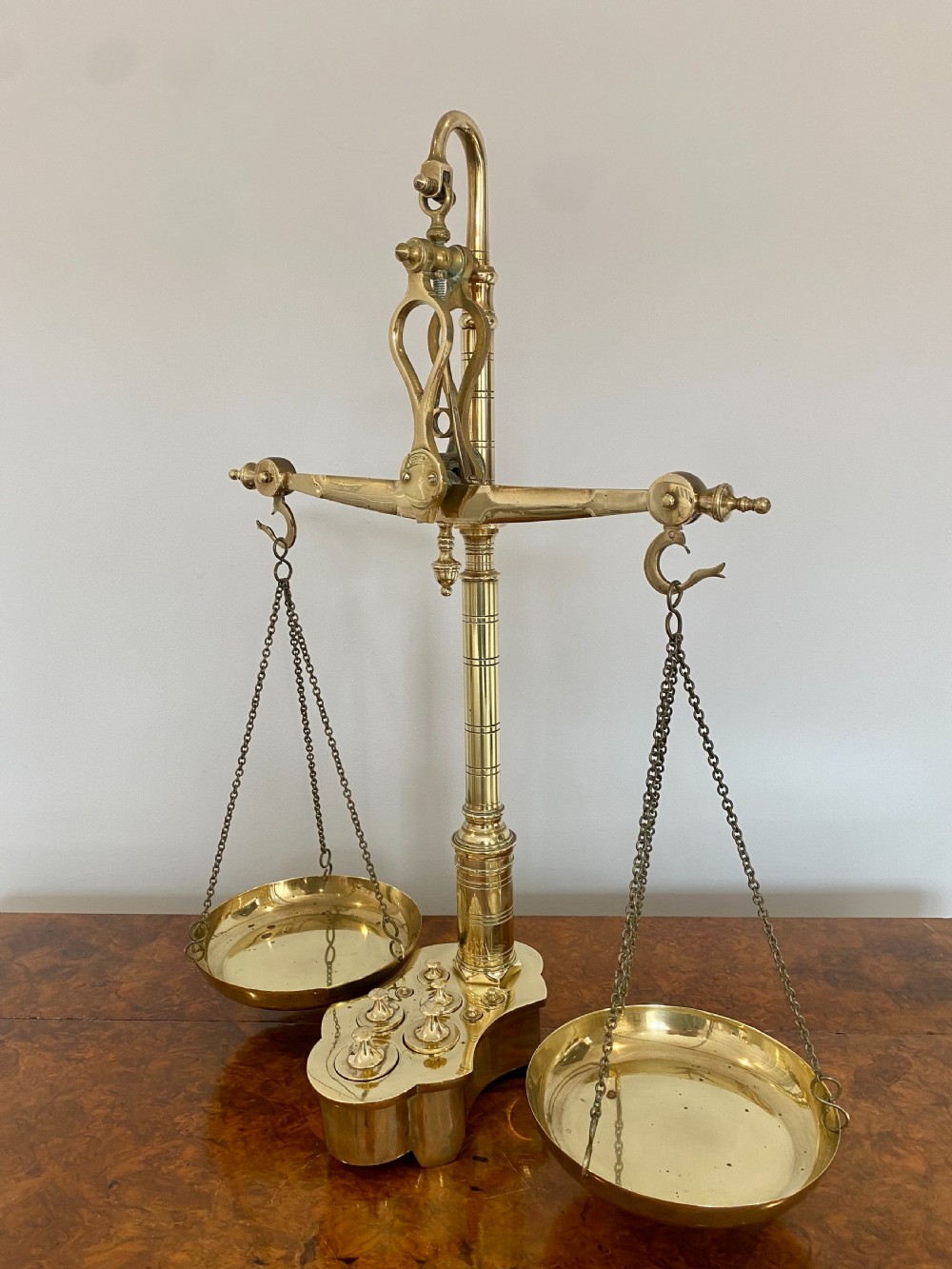 Pair Of Antique Victorian Brass Scales & Weights  View V
