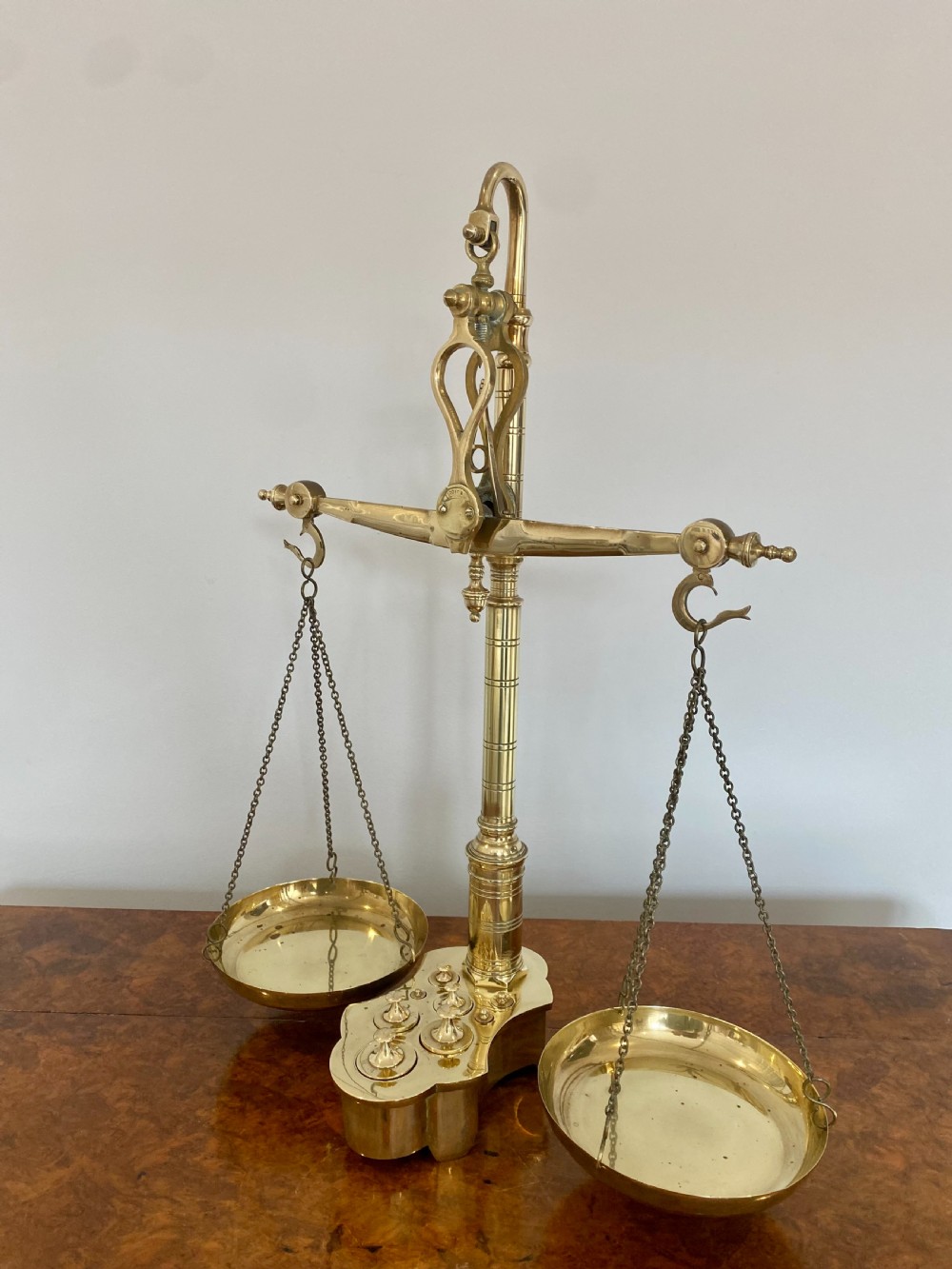 Pair Of Antique Victorian Brass Scales & Weights  View X