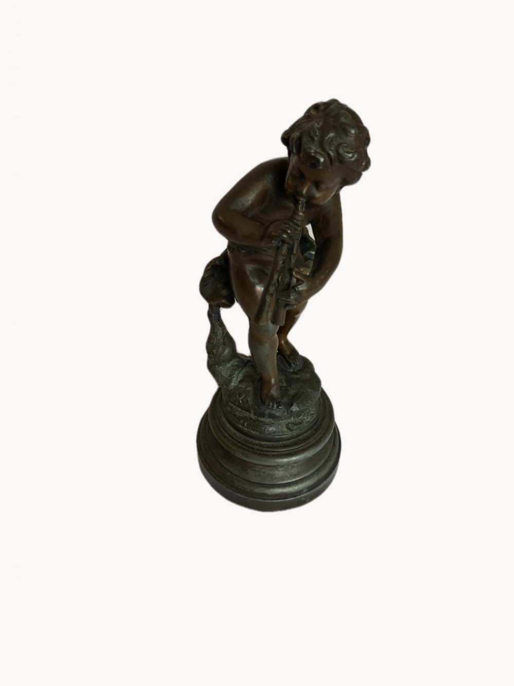 Antique Bronze Figure Of A Cupid Playing A Musical Instrument