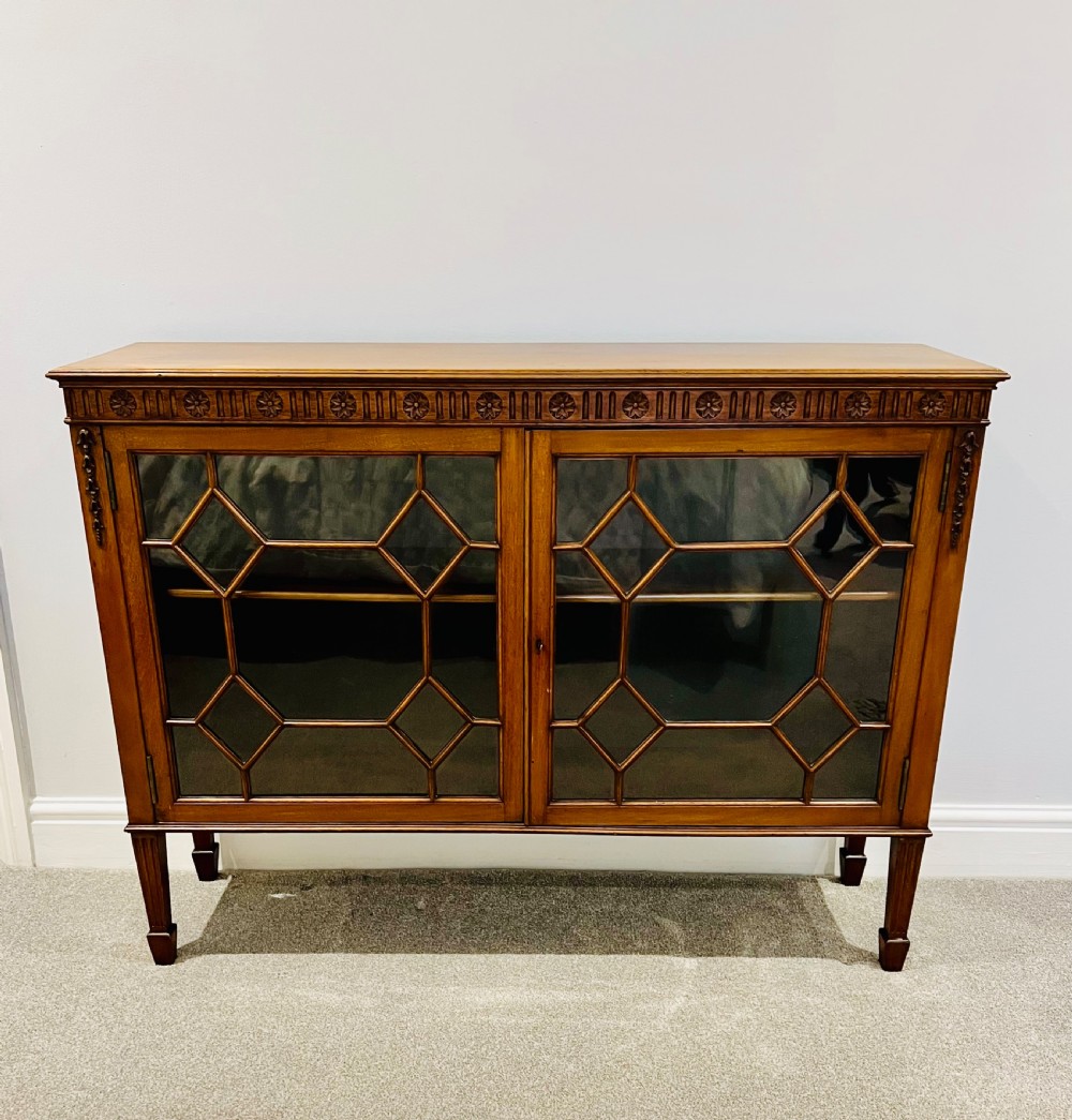 Antique Victorian quality walnut low glazed bookcase View II