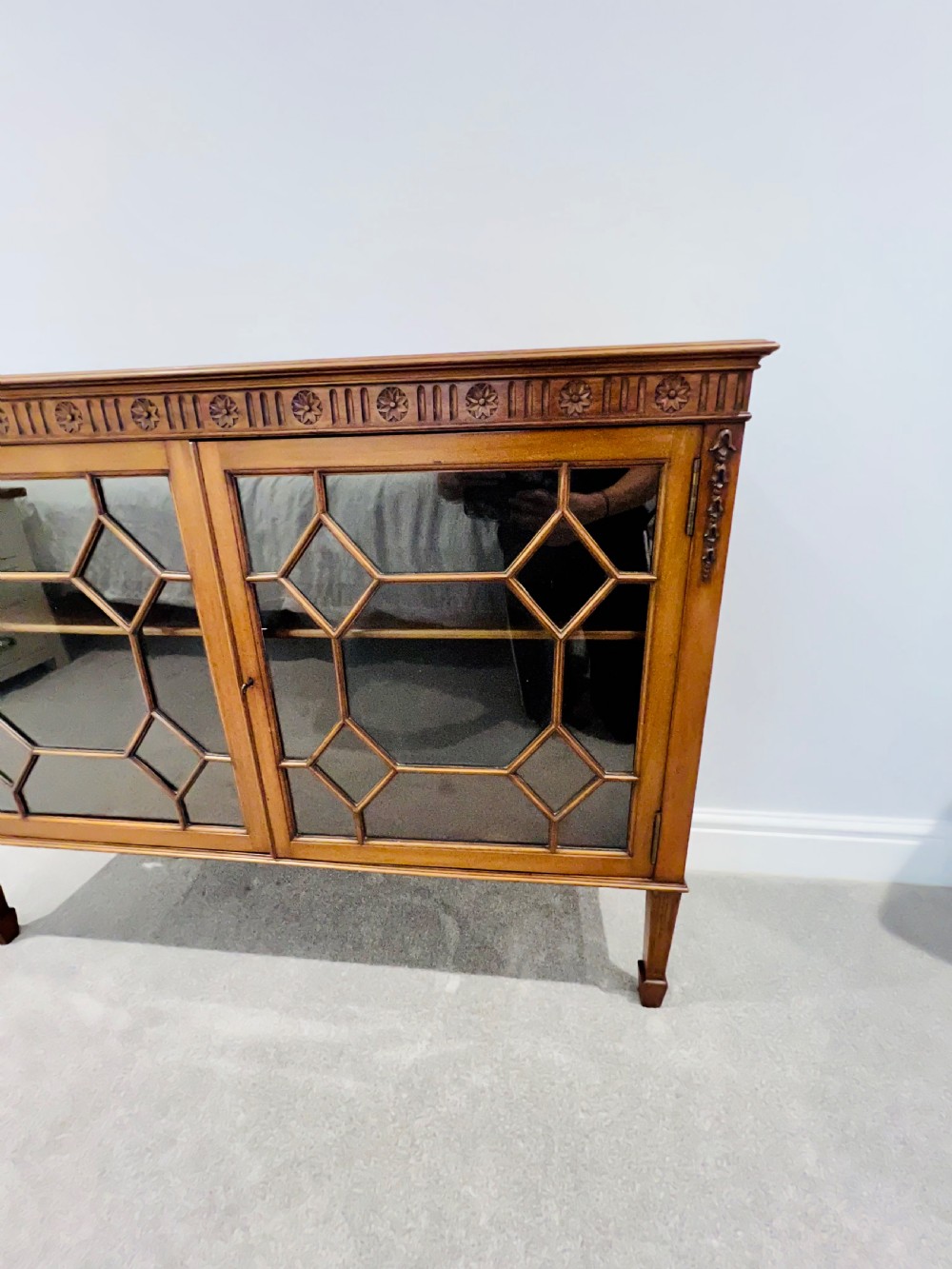 Antique Victorian quality walnut low glazed bookcase View IV
