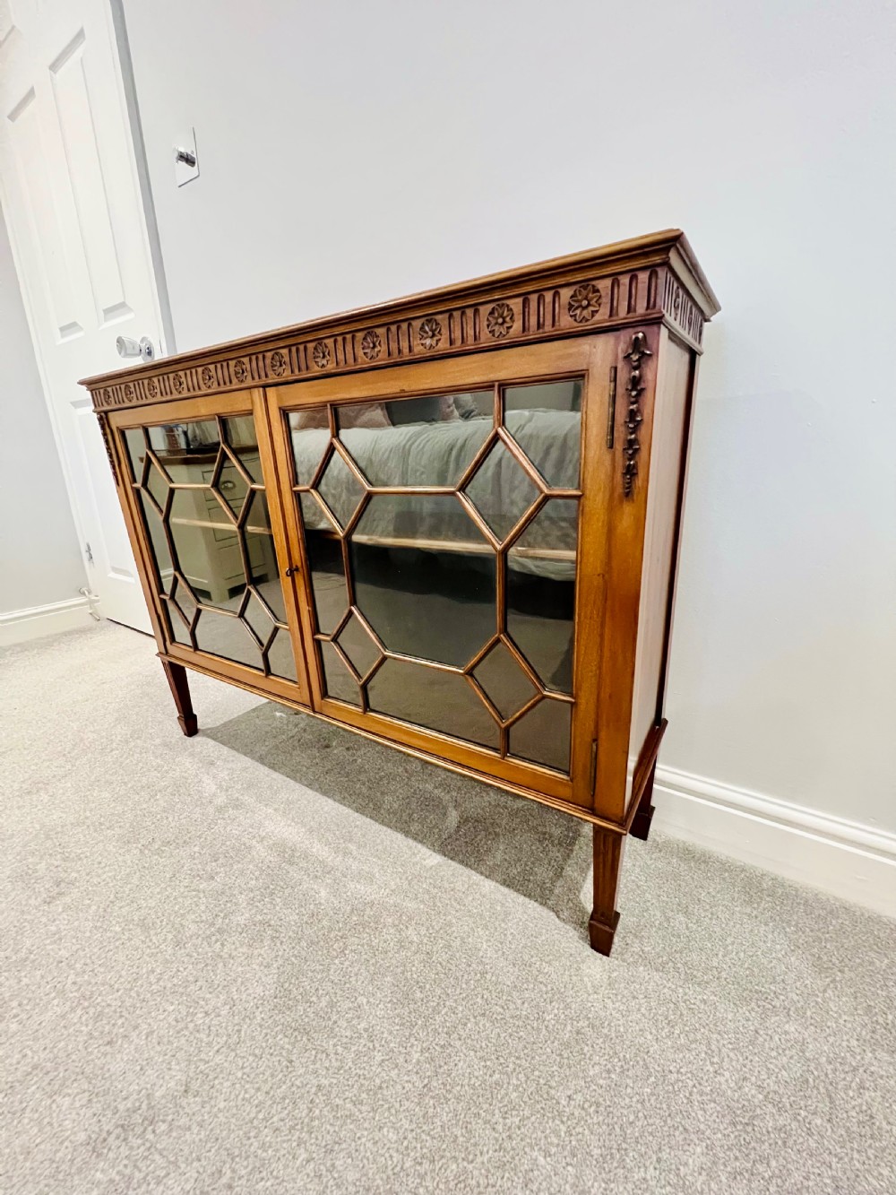 Antique Victorian quality walnut low glazed bookcase View V