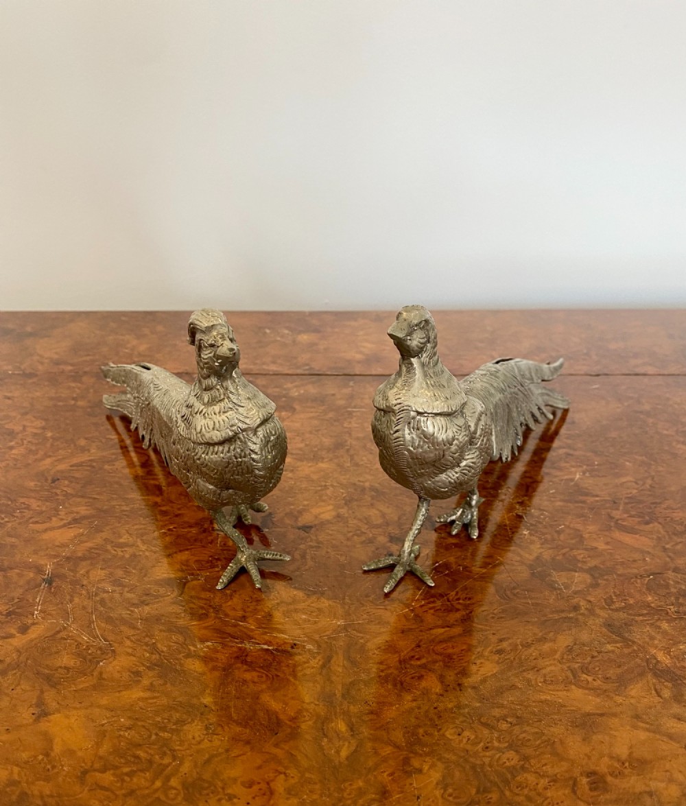 Unusual Pair Of Quality Antique Silver Plated Pheasants