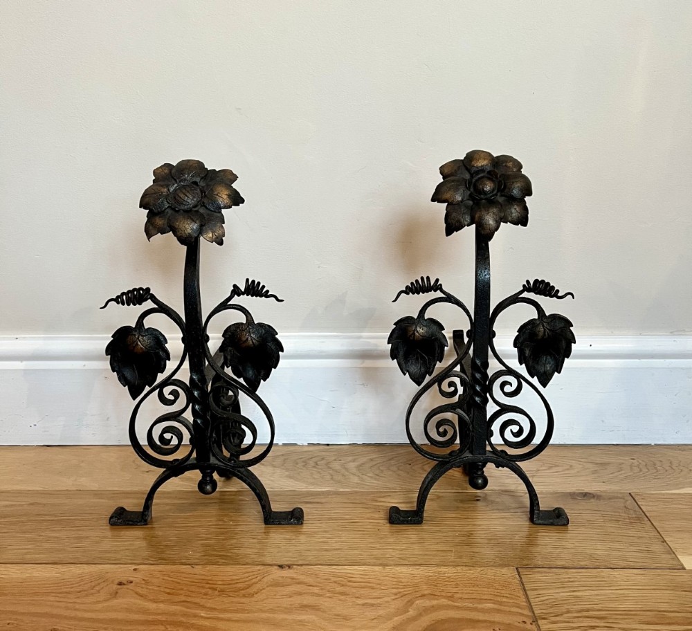 Wonderful pair of unusual antique arts and crafts fire dogs 