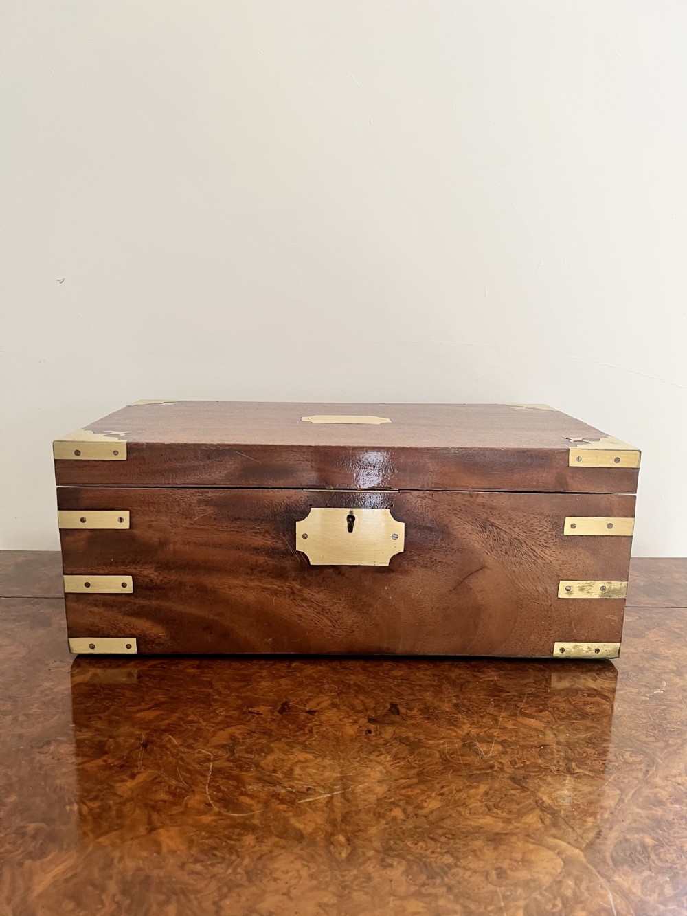 Lovely antique Victorian burr walnut and brass writing box 